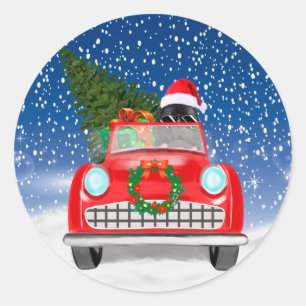 Adesivo Redondo Cão Terra Nova Dirigindo Carro Na Neve Natal