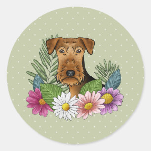 Adesivo Redondo Cão Terrier Airedale Flores Silvestres Coloridas V