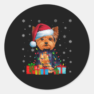 Adesivo Redondo Cão Ugly Xmas Lights Santa Hat Yorkshire Terrier C
