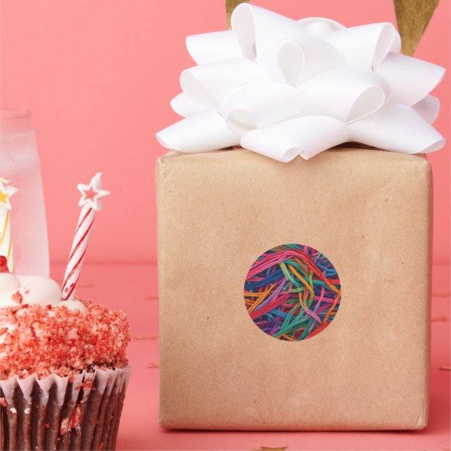 Adesivo Redondo Caos de Thread Vibrante - Impressão de Arte Têxtil (Festa)