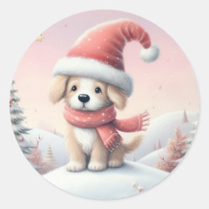Adesivo Redondo Cãozinho de Natal bonito com chapéu de Santa
