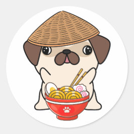 Adesivo Redondo Cãozinho engraçado está comendo macarrão