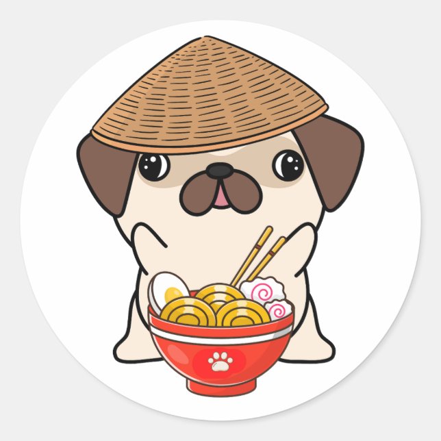 Adesivo Redondo Cãozinho engraçado está comendo macarrão (Frente)