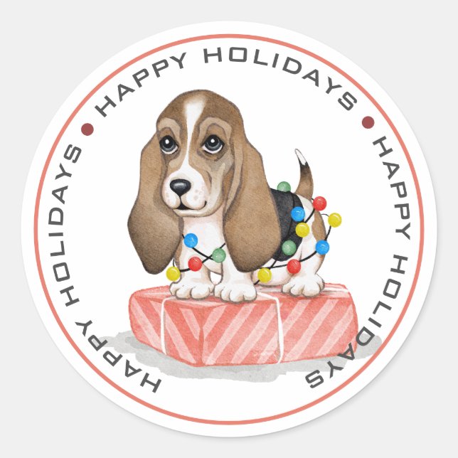 Adesivo Redondo Cãozinho na Embalagem com Luzes de Natal (Frente)