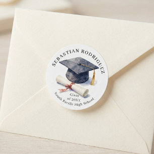 Adesivo Redondo Capelo de Graduação com Aquarela Clássica Diploma
