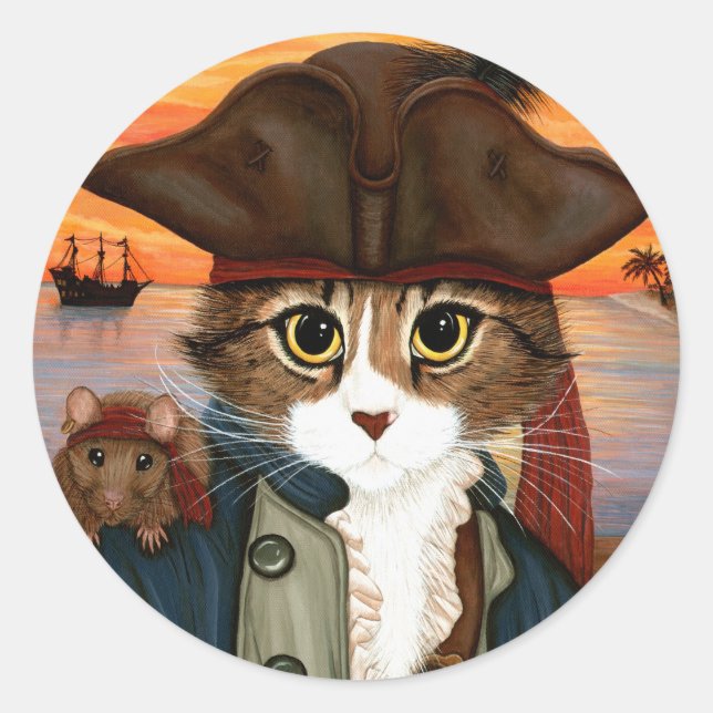 Adesivo Redondo Capitão Leo, Pirata Cat & Rat Fantasy Art Sticker (Frente)