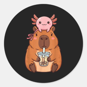 Adesivo Redondo Capivara Fofa Bebendo Chá de Boba