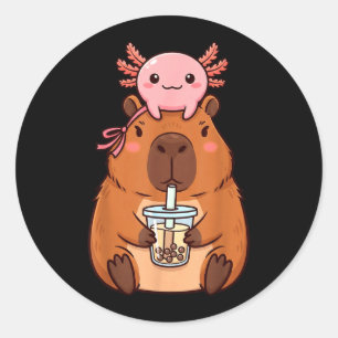 Adesivo Redondo Capivara Fofa Bebendo Chá de Boba Kawaii Axolote