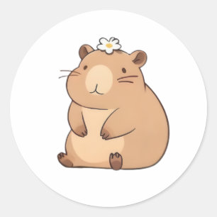 Adesivo Redondo Capivara Fofa com Design Kawaii de Flor Margarida
