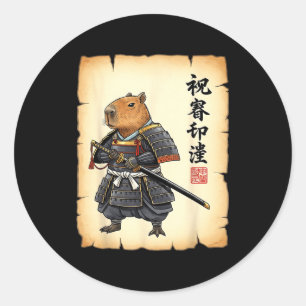 Adesivo Redondo Capivara Samurai Arte Japonesa Gráfico Vintage Eng