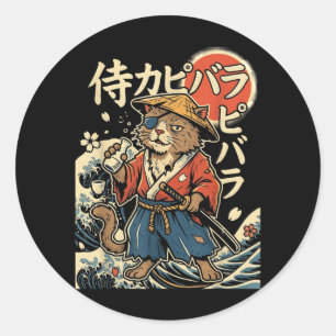 Adesivo Redondo Capivara Samurai Gato Estética Japonesa Ukiyo-e