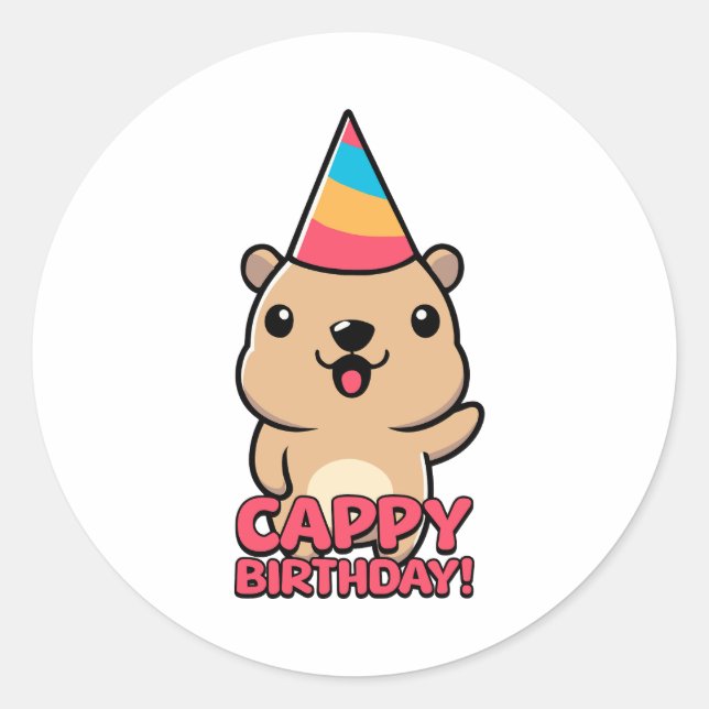 Adesivo Redondo Cappy Birthday! Cartoon Cute Capybara Pun (Frente)