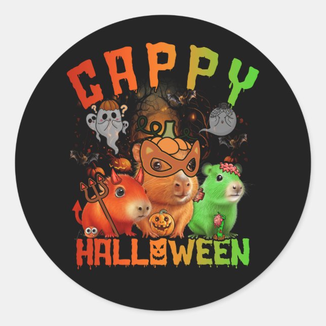 Adesivo Redondo Cappy Halloween Cute Capybara Devil Zombie Pumpkin (Frente)