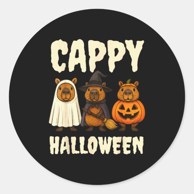 Adesivo Redondo Cappy Halloween Funny Capybara Ghost Witch Pumpkin (Frente)
