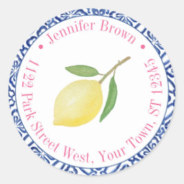 Adesivo Redondo Capri Lemons Cor-de-rosa Azulejo azul Chá Endereço
