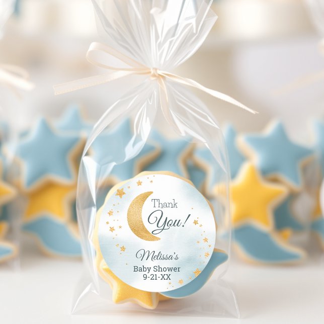Adesivo Redondo Caprichoso Além da Lua Obrigado Churrasco de Bebê (Whimsical Over the Moon Thank You Baby Shower Classic Round Sticker)