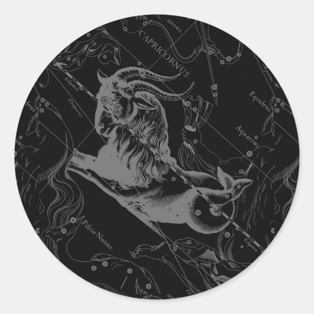 Adesivo Redondo Capricórnio Constelação Mapear Hevelius Engrenando (Frente)