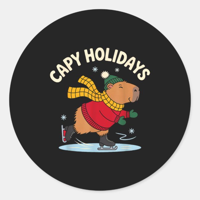 Adesivo Redondo Capy Holidays Ice Skating Capybara Funny Xmas Chri (Frente)