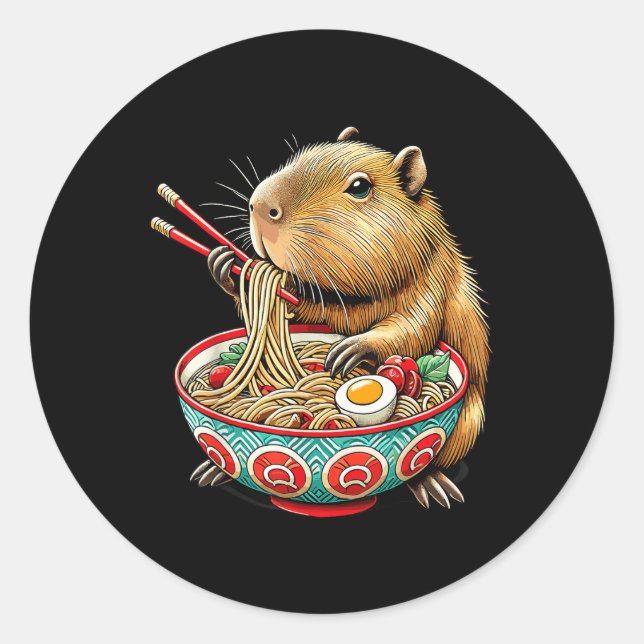 Adesivo Redondo Capybara ama Noodle Capybara comendo Ram Japonês (Frente)