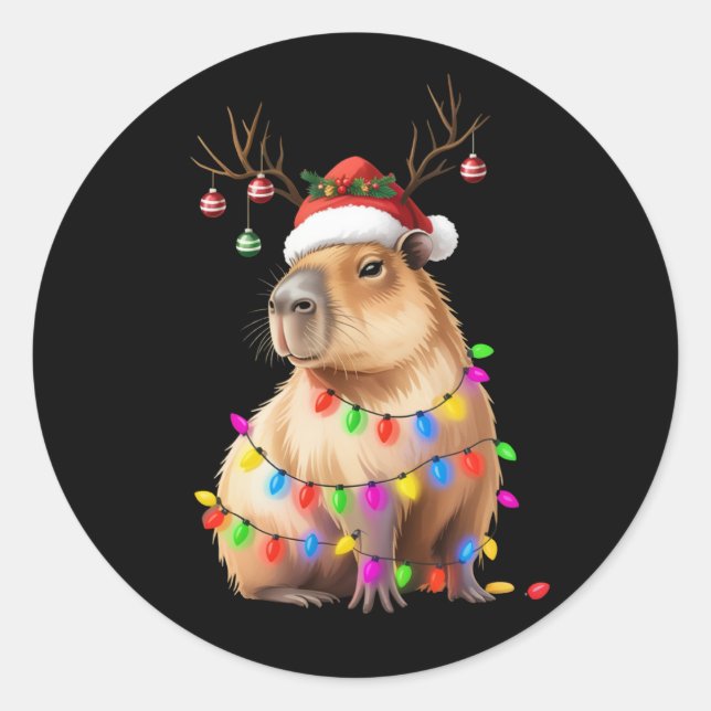Adesivo Redondo Capybara Amante de os animais Natal Luzes de Natal (Frente)