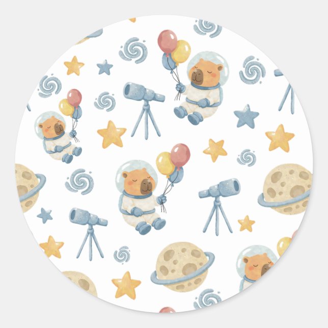 Adesivo Redondo Capybara Astronaut Pattern Sticker (Frente)