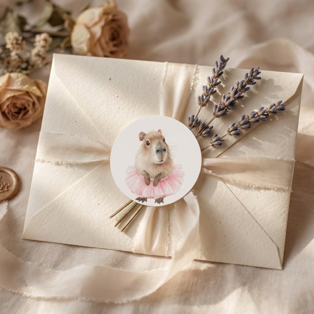 Adesivo Redondo Capybara Baby Shower  (watercolor baby shower sticker with pink tutu capybara on soft white background)