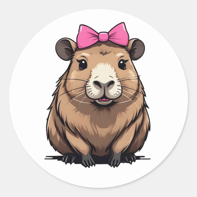 Adesivo Redondo Capybara Bonita com Arco de Fita Rosa Meninas (Frente)