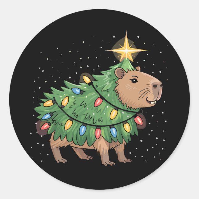 Adesivo Redondo Capybara Christmas Gifts Capy Funny Xmas Tree (Frente)