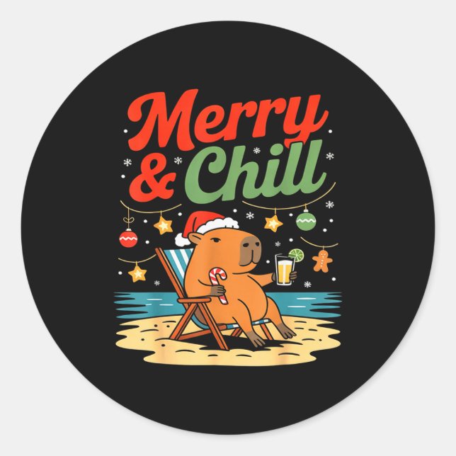 Adesivo Redondo Capybara Christmas Holiday Beach Vibes Merry And C (Frente)