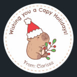 Adesivo Redondo Capybara Christmas Stickers Engraçado<br><div class="desc">Bonita capybara com chapéu santa,  perfeita para ir com os presentes de Natal.</div>