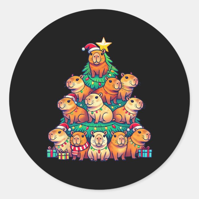 Adesivo Redondo Capybara Christmas Tree Funny Capybara Xmas (Frente)