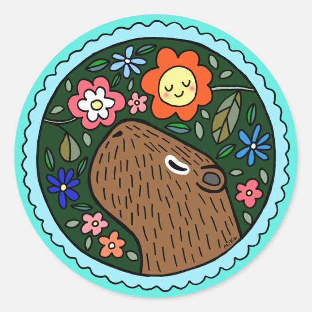 Adesivo Redondo Capybara com flores Gift. (Frente)