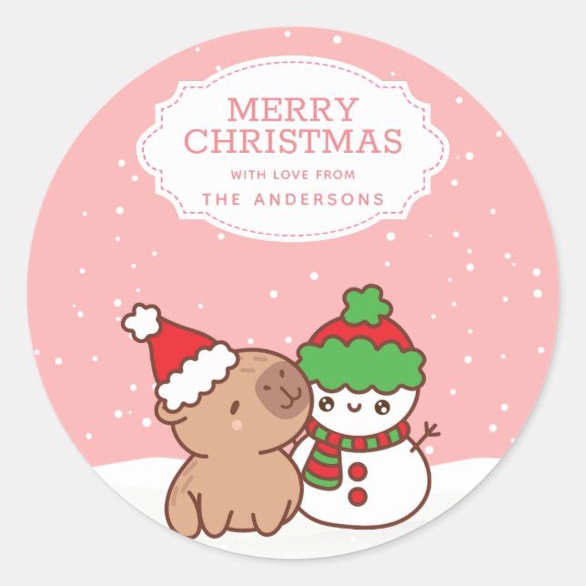 Adesivo Redondo Capybara E Snowman Feliz Natal (Frente)