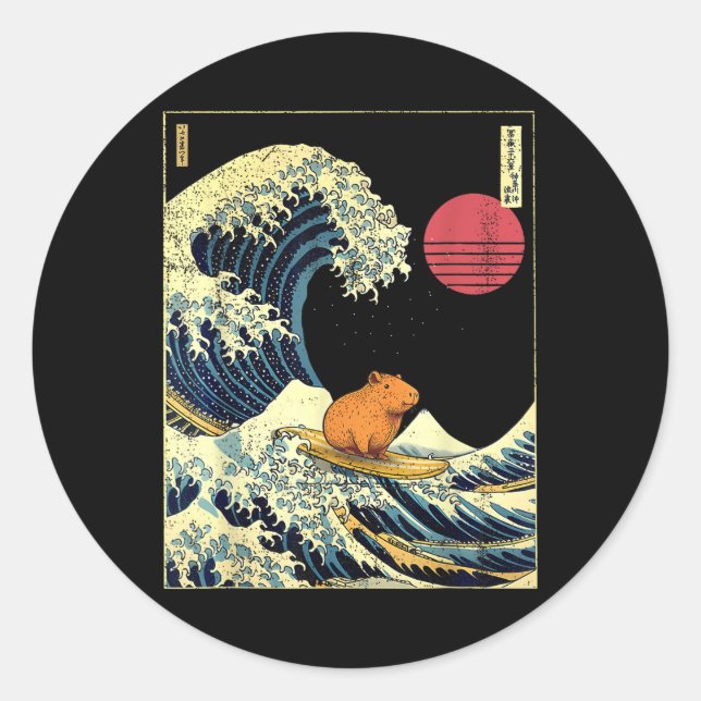 Adesivo Redondo Capybara Japanese Kanagawa Wave Funny Surf Animal  (Frente)