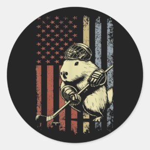 Adesivo Redondo Capybara Playing Hockey American Flag Capybara Hoc