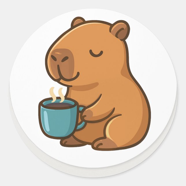 Adesivo Redondo Capybara With Coffee – Cute Animal Sticker (Frente)
