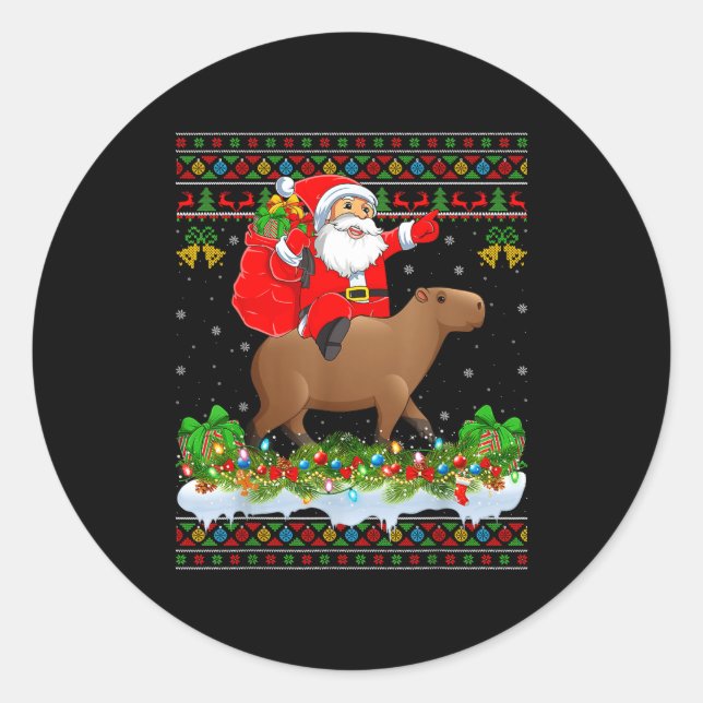 Adesivo Redondo Capybara Xmas Pajamas Ugly Santa Riding Capybara C (Frente)