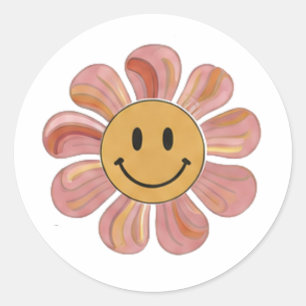 Adesivo Redondo Cara Sorridente Flor Retro Groovy Pastel Floral 70