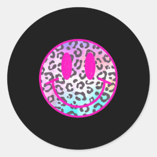 Adesivo Redondo Cara Sorriso Leopardo Rosa Camiseta Preppy Tendênc