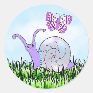 Adesivo Redondo Caracol roxo bonito e borboleta lunáticos