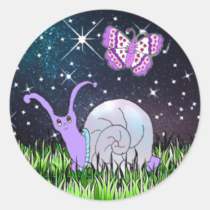 Adesivo Redondo Caracol roxo bonito e borboleta lunáticos