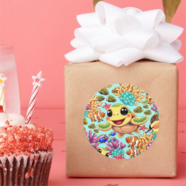 Adesivo Redondo Caráter Feliz e Bonito da Tartaruga do Mar (Festa)