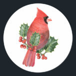 Adesivo Redondo Cardeal de Holly Christmas Sticker<br><div class="desc">Etiquetas de cartões de natal de aquarelas do artista Dolores Robak - O Cardeal de Norte masculino é inconfundível, com sua plumagem vermelha brilhante e máscara preta. Este belo pássaro vermelho é ainda mais chocante entre as vibrantes folhas verdes e as bagas vermelhas de uma árvore sagrada.</div>