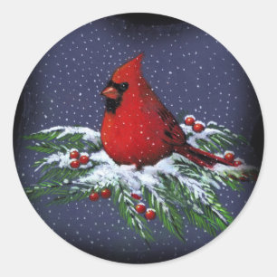 ADESIVO REDONDO CARDEAL DO NATAL: PÁSSARO: ARTE: NEVE