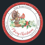 Adesivo Redondo Cardeal Merry Christmas Floral Return Endereço<br><div class="desc">Excelente para endereçar seus Cartões de natal e Natal, convites para festas de Natal e Férias e todas as suas mensagens de feriados! Belo arranjo floral de feriado com uma máquina de café com aparência vintage e um lindo cardeal vermelho combinado com campos de modelo para você personalizar sua saudação,...</div>