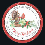 Adesivo Redondo Cardeal Merry Christmas Floral Return Endereço<br><div class="desc">Excelente para endereçar seus Cartões de natal e Natal, convites para festas de Natal e Férias e todas as suas mensagens de feriados! Belo arranjo floral de feriado com uma máquina de café com aparência vintage e um lindo cardeal vermelho combinado com campos de modelo para você personalizar sua saudação,...</div>