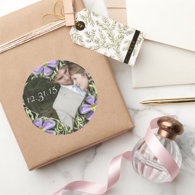 Adesivo Redondo Cardíaco Daisy Wedding Pega Sua Foto (Presentear)