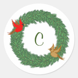 Adesivo Redondo Cardinhos na Vergreen Wreath com Monograma