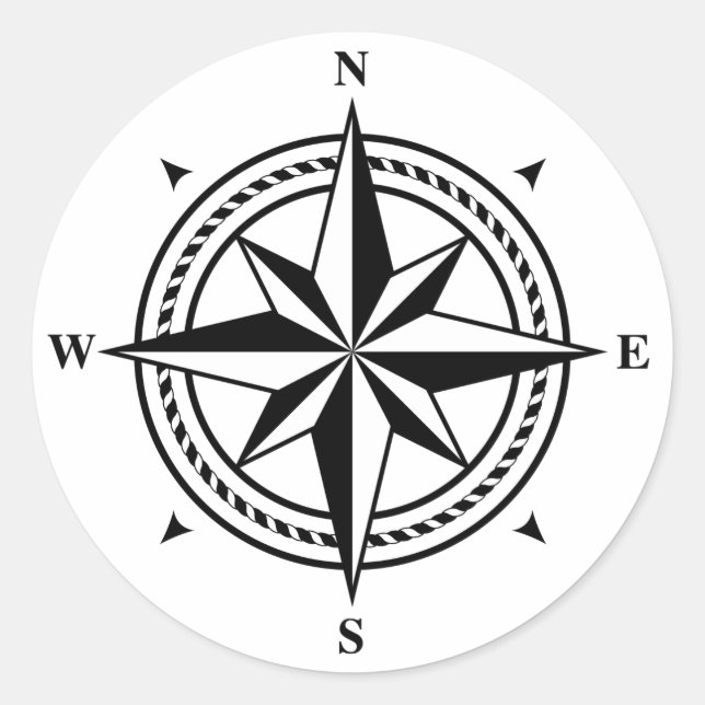 Adesivo Redondo Carimbo de rosa de bússola preto e branco (Frente)