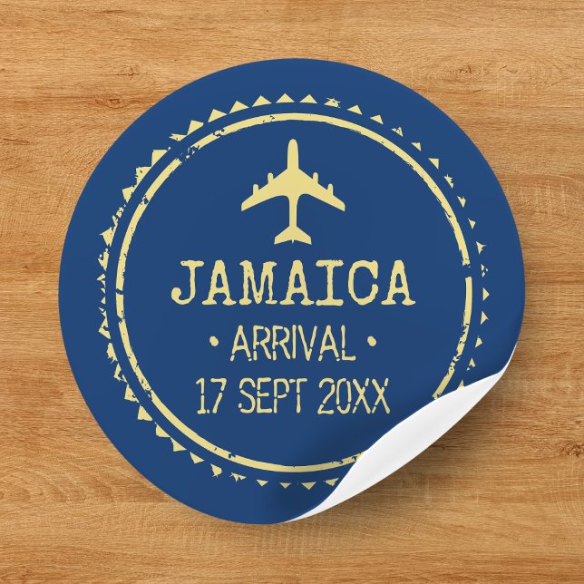 Adesivo Redondo Carimbo Passaporte Jamaica Destino Azul Casado (Passport Stamp Jamaica Destination Wedding Blue Classic Round Sticker
)